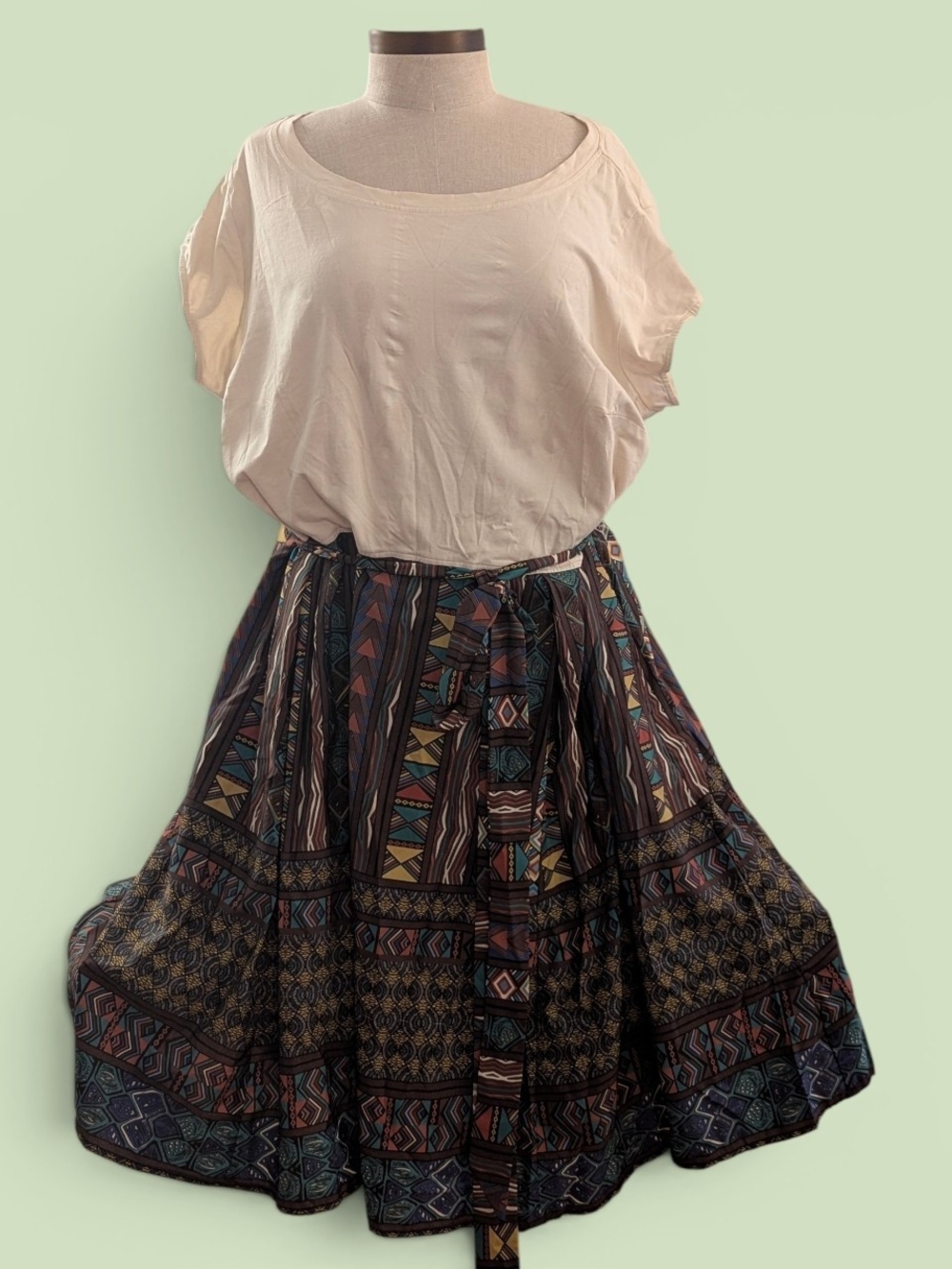 Plus Size Boho Printed Midi Skirt with Waist Tie - Multicolor